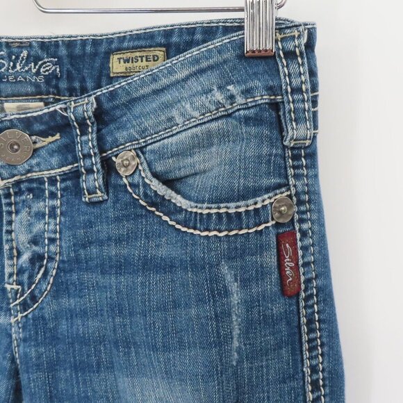 Silver Jeans Women 5 Twisted Bootcut Distressed Denim Solid Blue White Seams - Picture 6 of 15